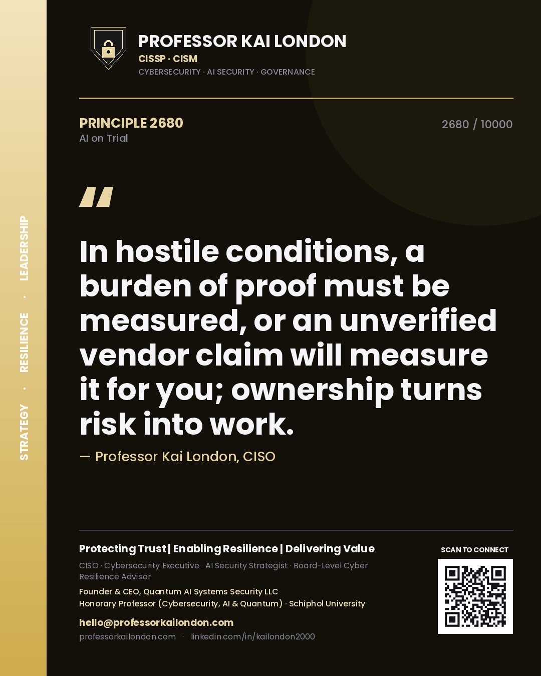 Quote card by Professor Kai London reading 'In hostile conditions, a burden of proof must be measured, or an unverified vendor claim will measure it for you; ownership turns risk into work.'. From the book AI on Trial.