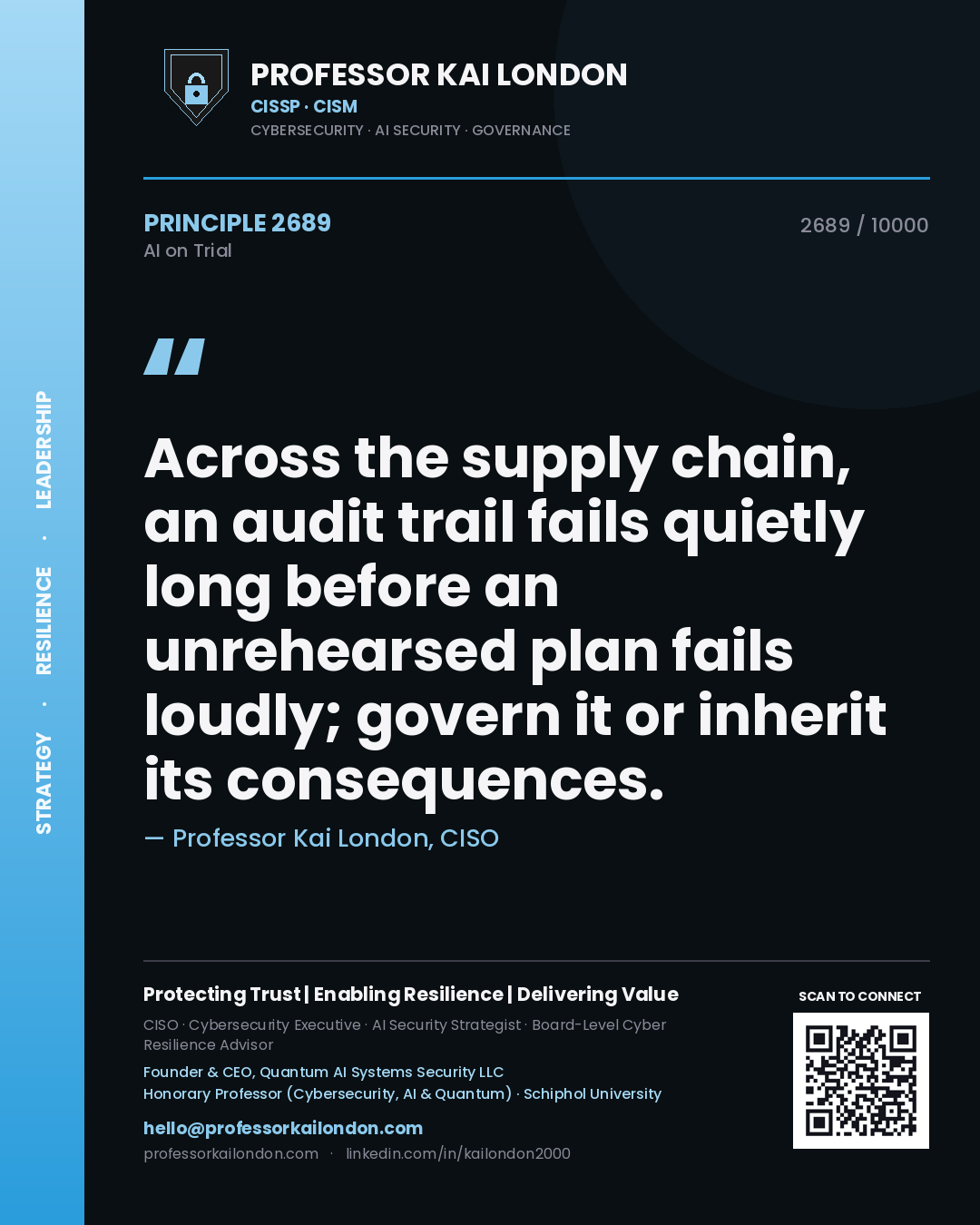 Professor Kai London principle 2689: Across the supply chain, an audit trail fails quietly long before an unrehearsed plan fails loudly; govern it or inherit its consequences.