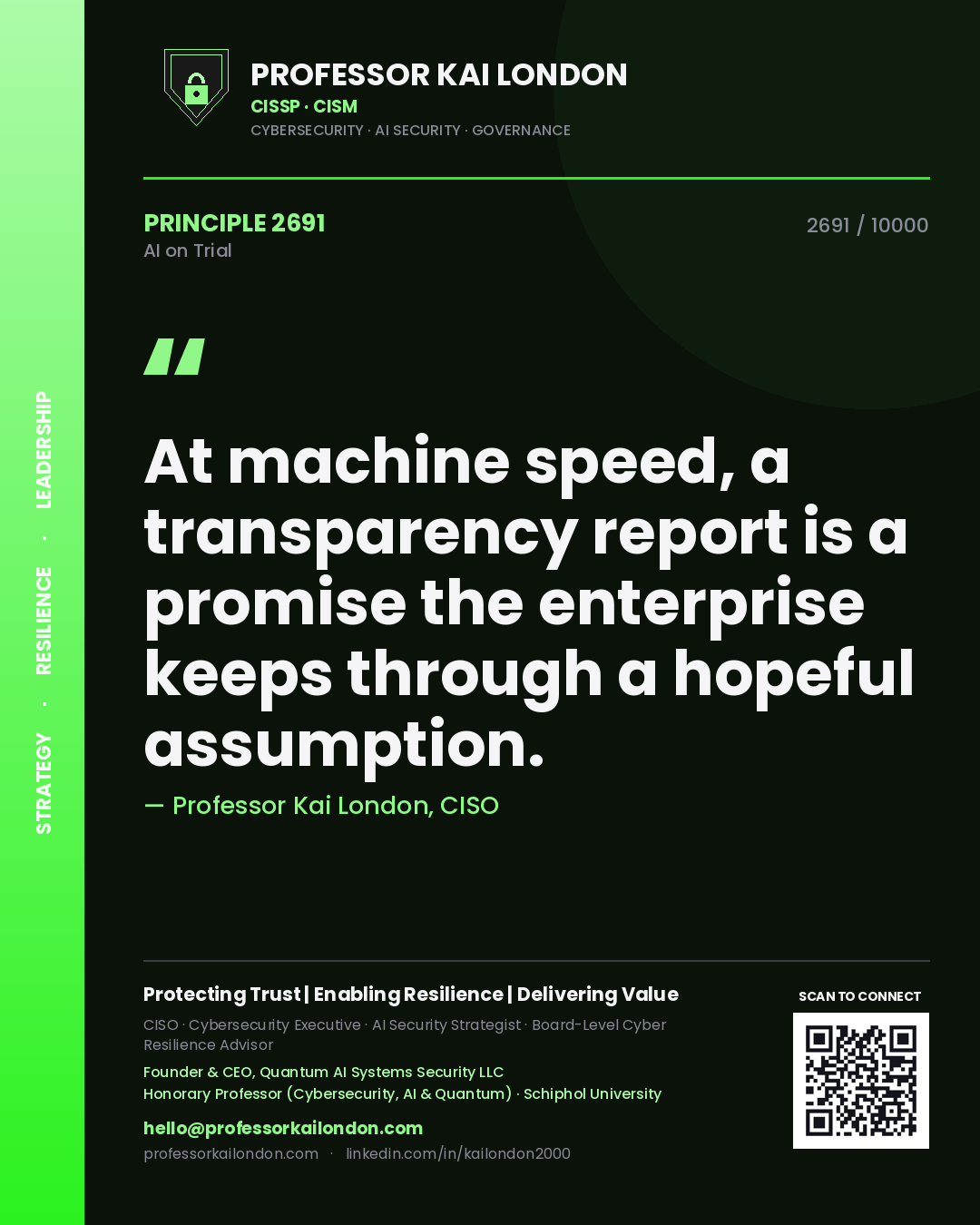 Professor Kai London principle 2691: At machine speed, a transparency report is a promise the enterprise keeps through a hopeful assumption.