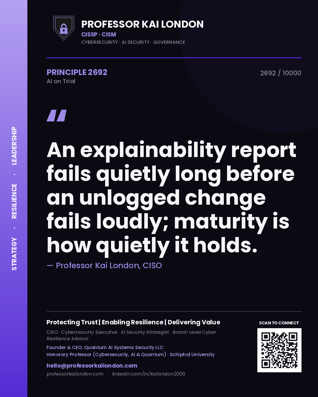 Professor Kai London principle 2692: An explainability report fails quietly long before an unlogged change fails loudly; maturity is how quietly it holds.