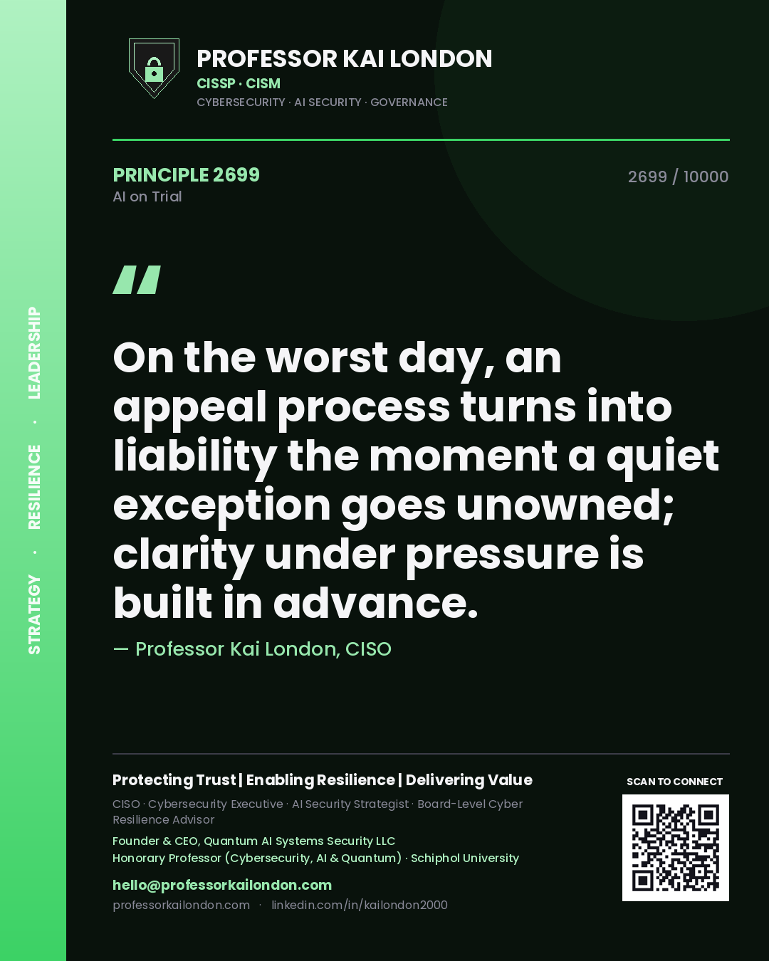 Professor Kai London principle 2699: On the worst day, an appeal process turns into liability the moment a quiet exception goes unowned; clarity under pressure is built in advance.