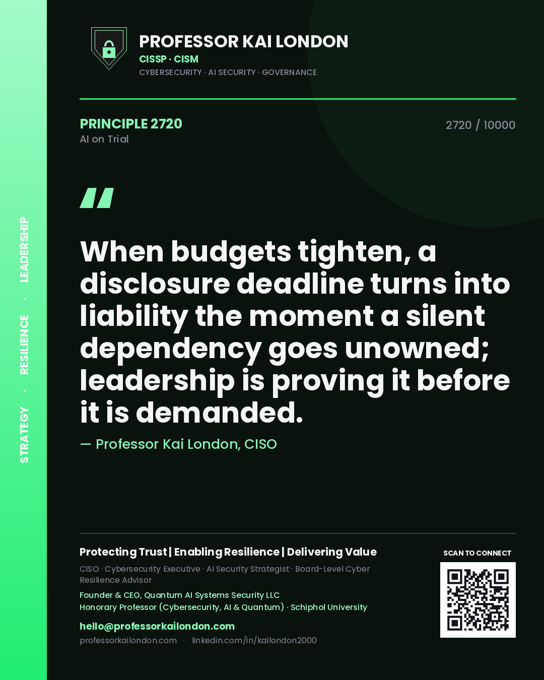 Quote card by Professor Kai London reading 'When budgets tighten, a disclosure deadline turns into liability the moment a silent dependency goes unowned; leadership is proving it before it is demanded.'. From the book AI on Trial.
