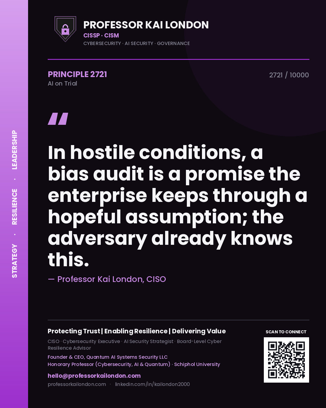Professor Kai London principle 2721: In hostile conditions, a bias audit is a promise the enterprise keeps through a hopeful assumption; the adversary already knows this.