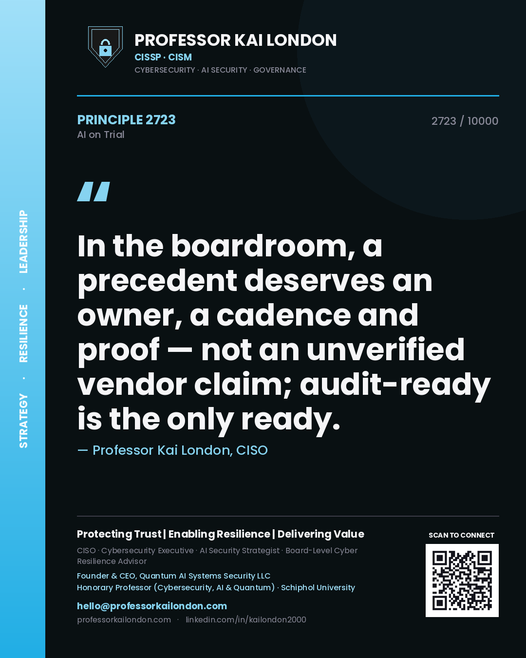 Professor Kai London principle 2723: In the boardroom, a precedent deserves an owner, a cadence and proof — not an unverified vendor claim; audit-ready is the only ready.