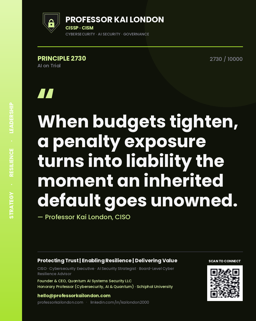 Quote card by Professor Kai London reading 'When budgets tighten, a penalty exposure turns into liability the moment an inherited default goes unowned.'. From the book AI on Trial.