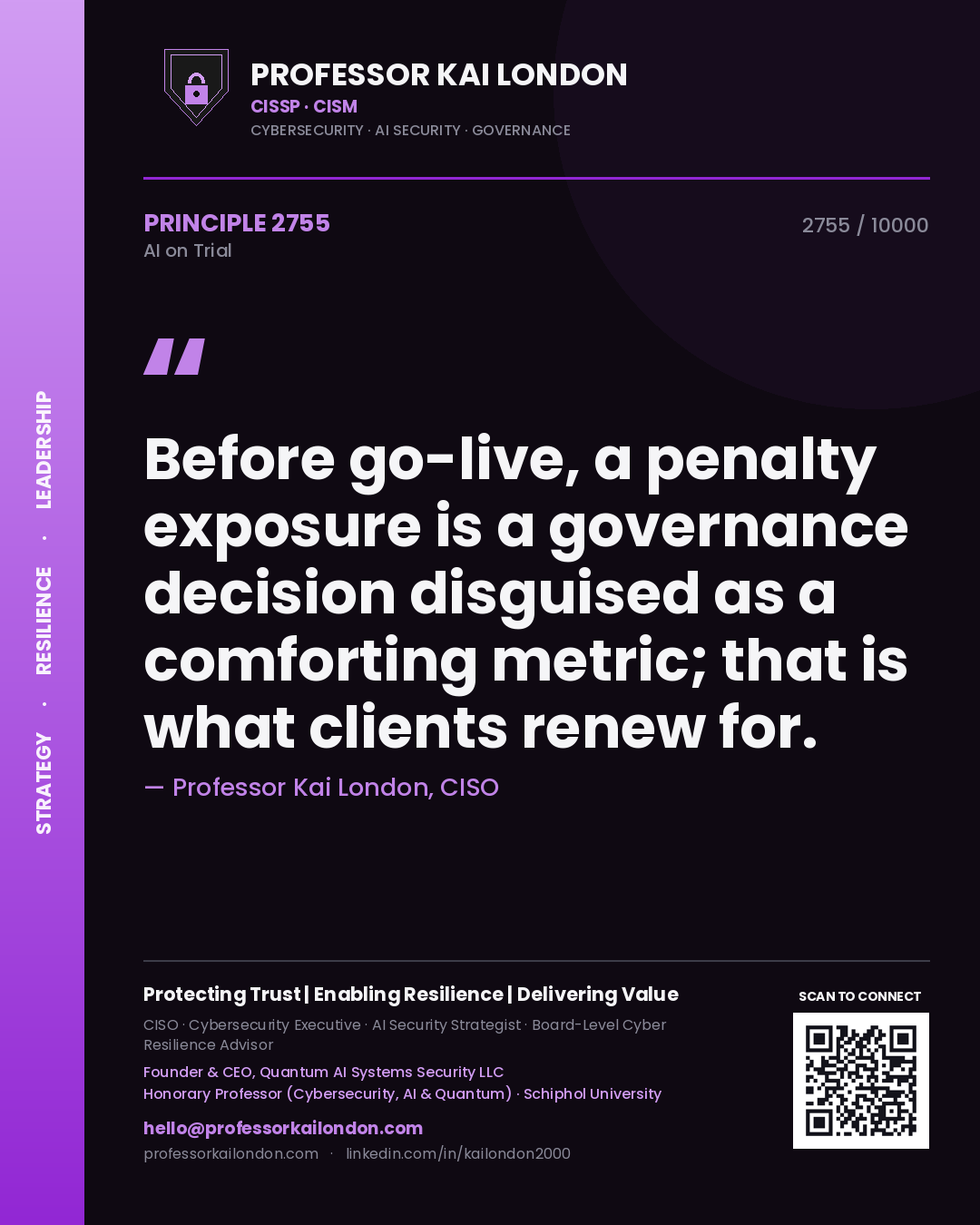 Professor Kai London principle 2755: Before go-live, a penalty exposure is a governance decision disguised as a comforting metric; that is what clients renew for.