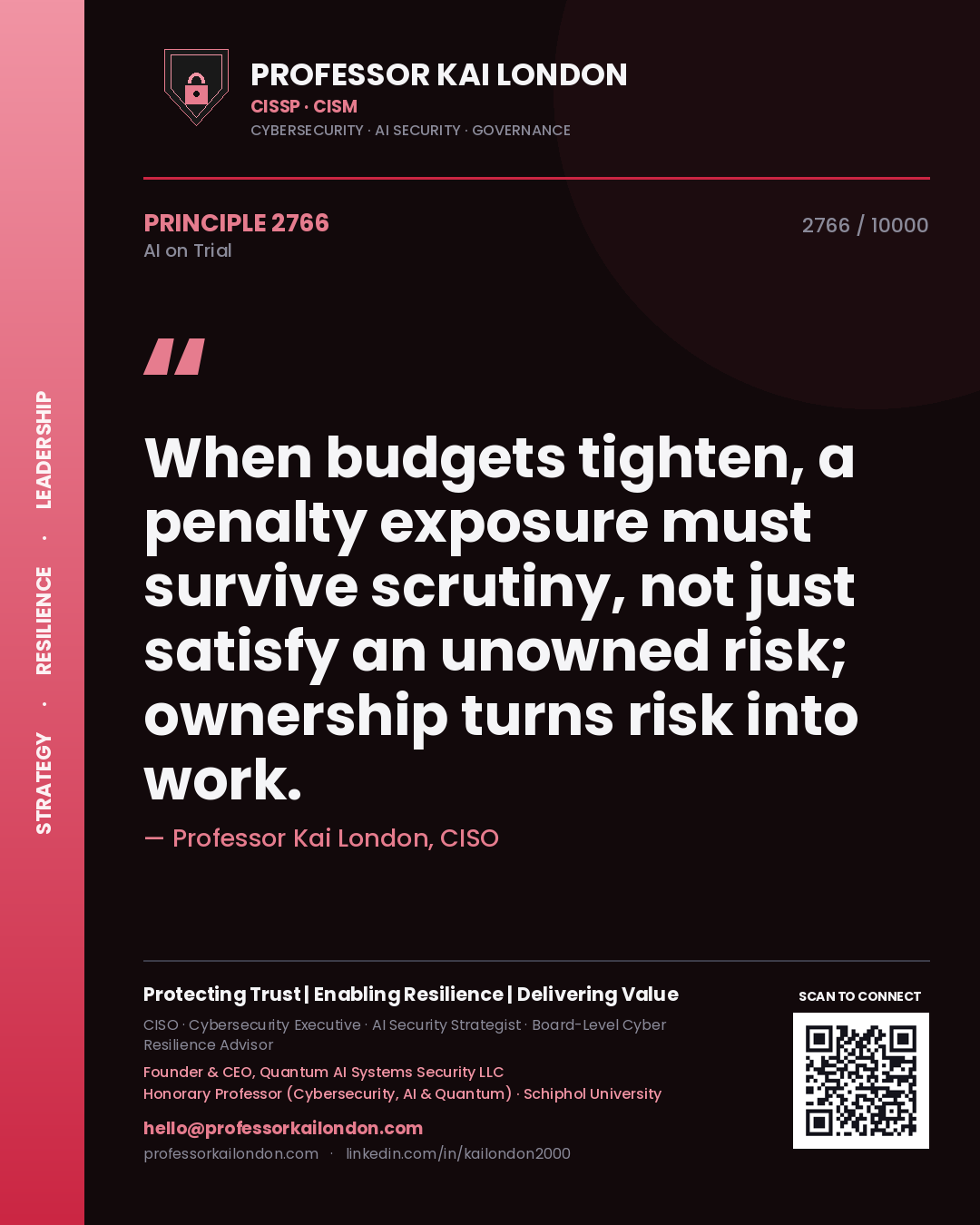 Professor Kai London principle 2766: When budgets tighten, a penalty exposure must survive scrutiny, not just satisfy an unowned risk; ownership turns risk into work.
