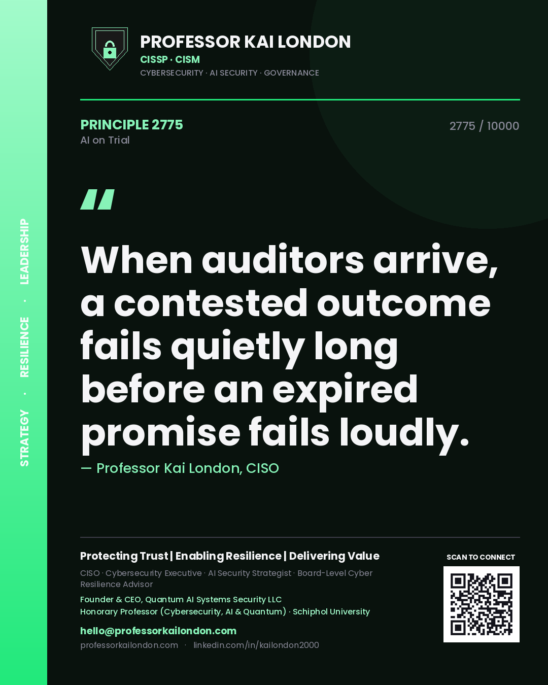 Professor Kai London principle 2775: When auditors arrive, a contested outcome fails quietly long before an expired promise fails loudly.