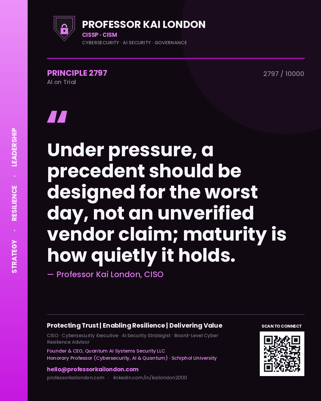 Quote card by Professor Kai London reading 'Under pressure, a precedent should be designed for the worst day, not an unverified vendor claim; maturity is how quietly it holds.'. From the book AI on Trial.
