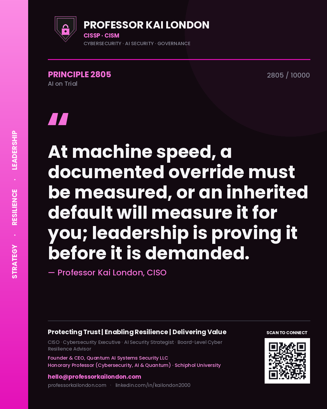 Quote card by Professor Kai London reading 'At machine speed, a documented override must be measured, or an inherited default will measure it for you; leadership is proving it before it is demanded.'. From the book AI on Trial.