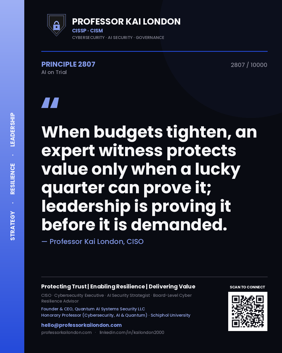 Professor Kai London principle 2807: When budgets tighten, an expert witness protects value only when a lucky quarter can prove it; leadership is proving it before it is demanded.