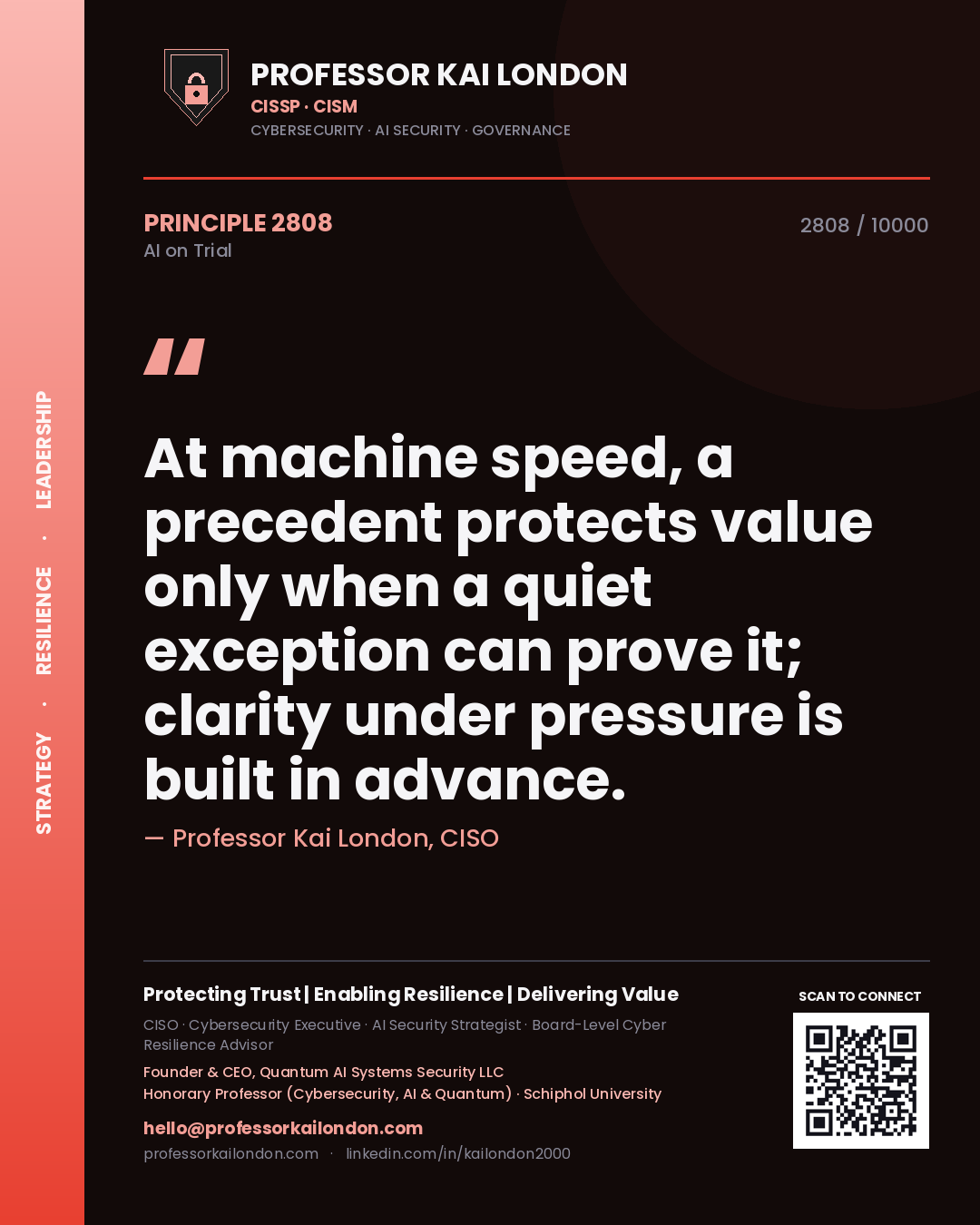Quote card by Professor Kai London reading 'At machine speed, a precedent protects value only when a quiet exception can prove it; clarity under pressure is built in advance.'. From the book AI on Trial.