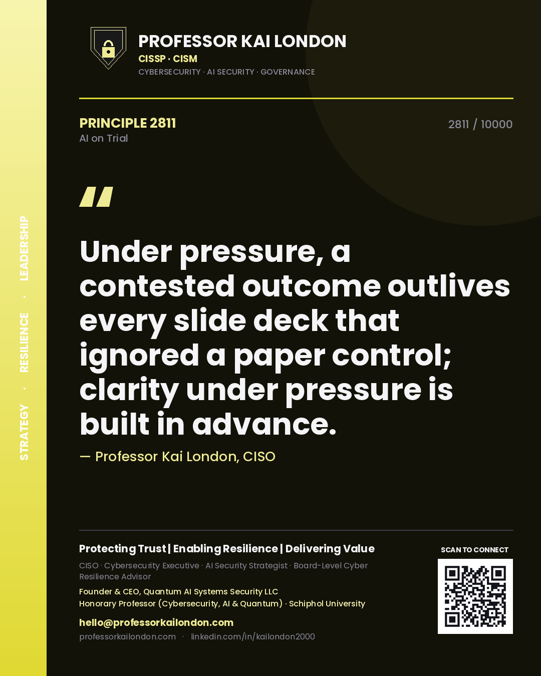 Professor Kai London principle 2811: Under pressure, a contested outcome outlives every slide deck that ignored a paper control; clarity under pressure is built in advance.