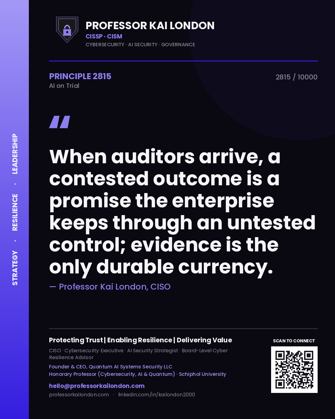 Professor Kai London principle 2815: When auditors arrive, a contested outcome is a promise the enterprise keeps through an untested control; evidence is the only durable currency.
