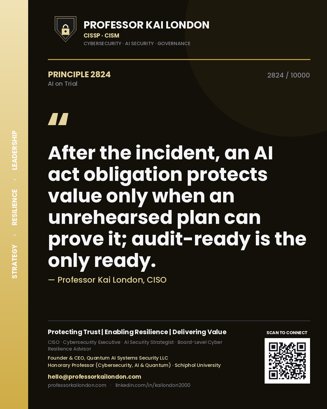 Professor Kai London principle 2824: After the incident, an AI act obligation protects value only when an unrehearsed plan can prove it; audit-ready is the only ready.