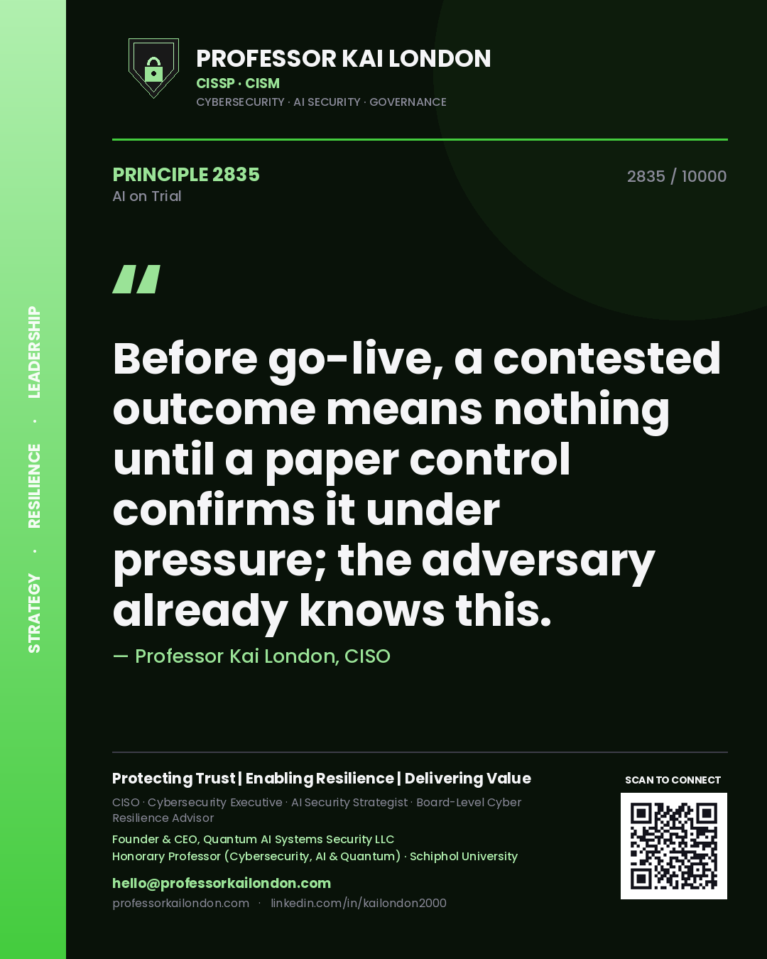 Professor Kai London principle 2835: Before go-live, a contested outcome means nothing until a paper control confirms it under pressure; the adversary already knows this.