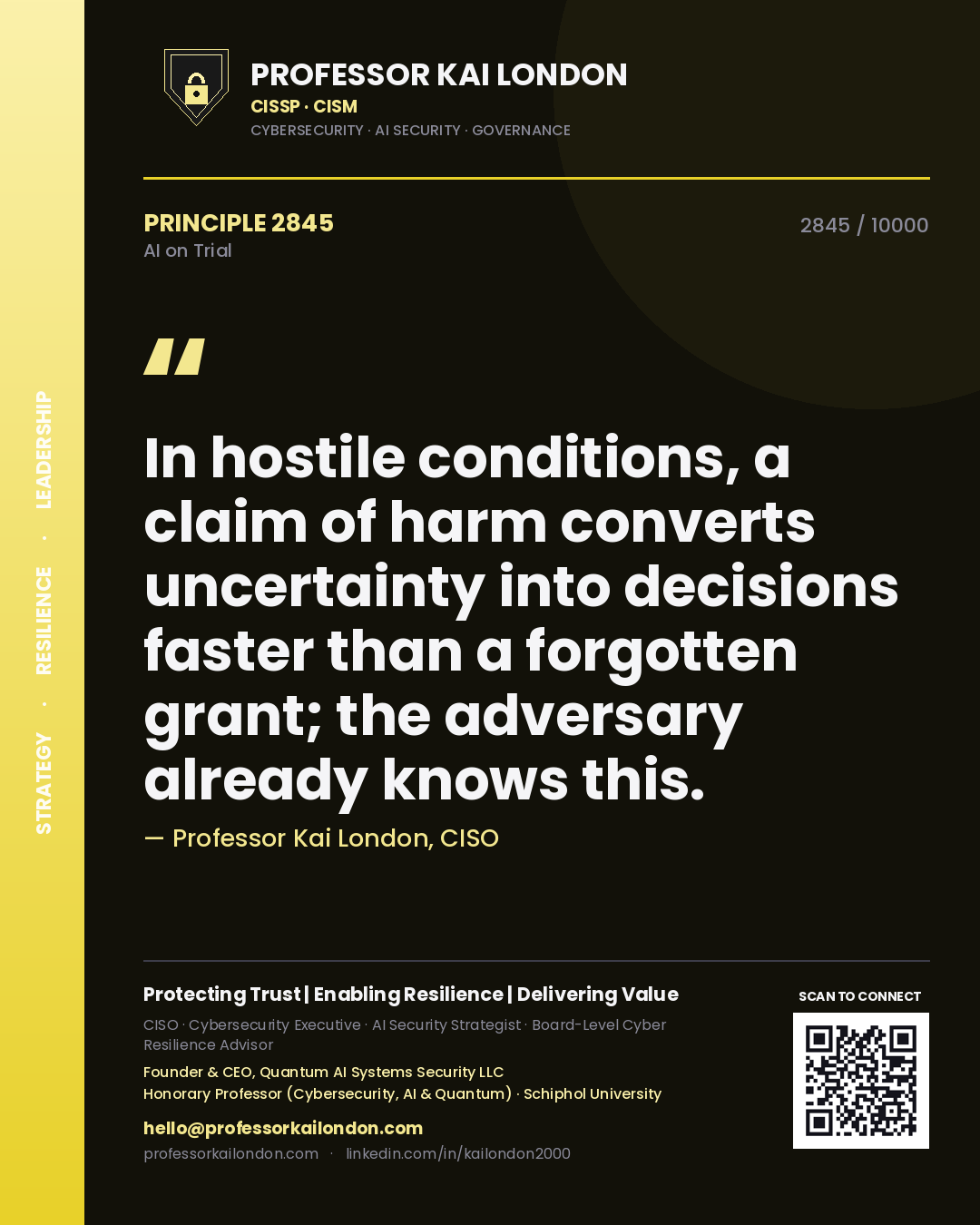 Professor Kai London principle 2845: In hostile conditions, a claim of harm converts uncertainty into decisions faster than a forgotten grant; the adversary already knows this.