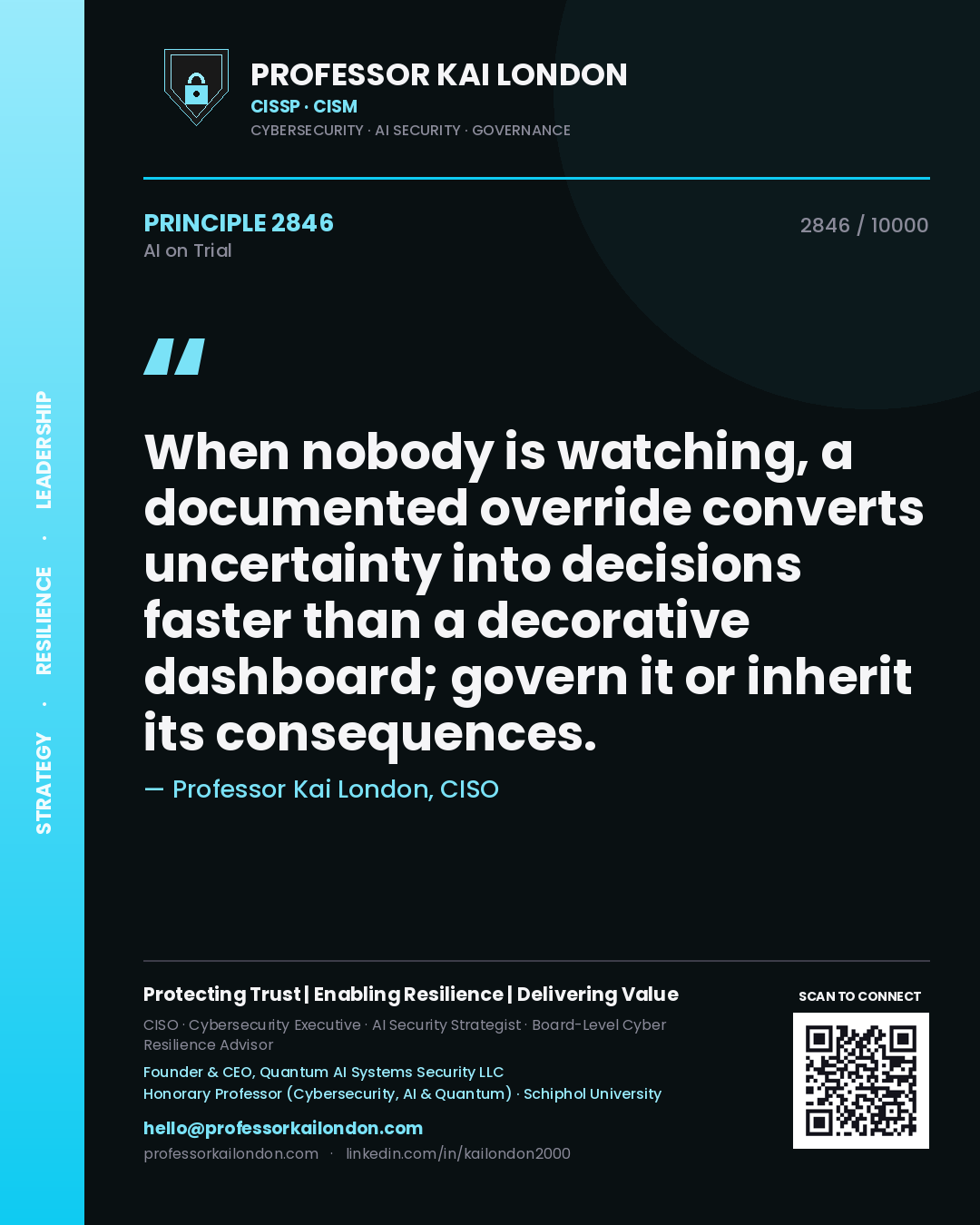 Quote card by Professor Kai London reading 'When nobody is watching, a documented override converts uncertainty into decisions faster than a decorative dashboard; govern it or inherit its consequences.'. From the book AI on Trial.