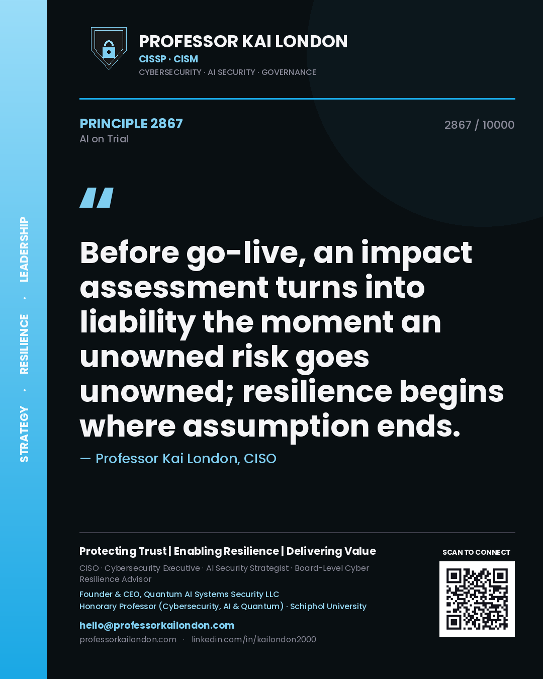 Professor Kai London principle 2867: Before go-live, an impact assessment turns into liability the moment an unowned risk goes unowned; resilience begins where assumption ends.
