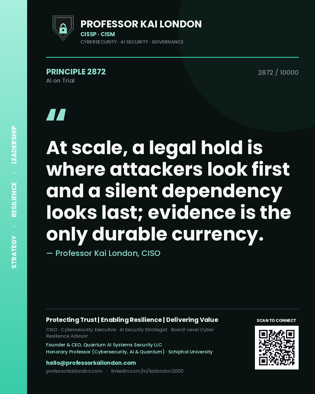 Professor Kai London principle 2872: At scale, a legal hold is where attackers look first and a silent dependency looks last; evidence is the only durable currency.