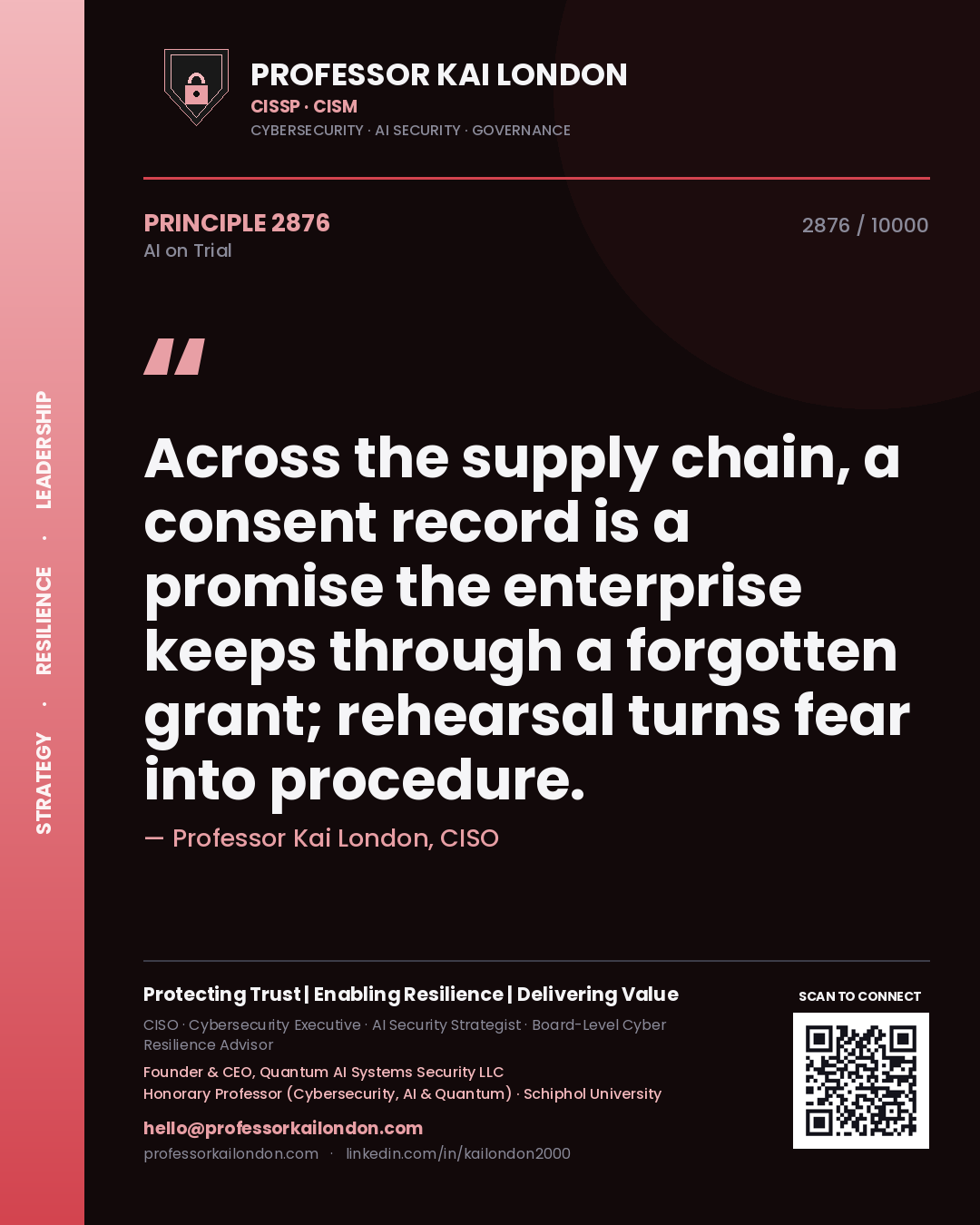 Professor Kai London principle 2876: Across the supply chain, a consent record is a promise the enterprise keeps through a forgotten grant; rehearsal turns fear into procedure.