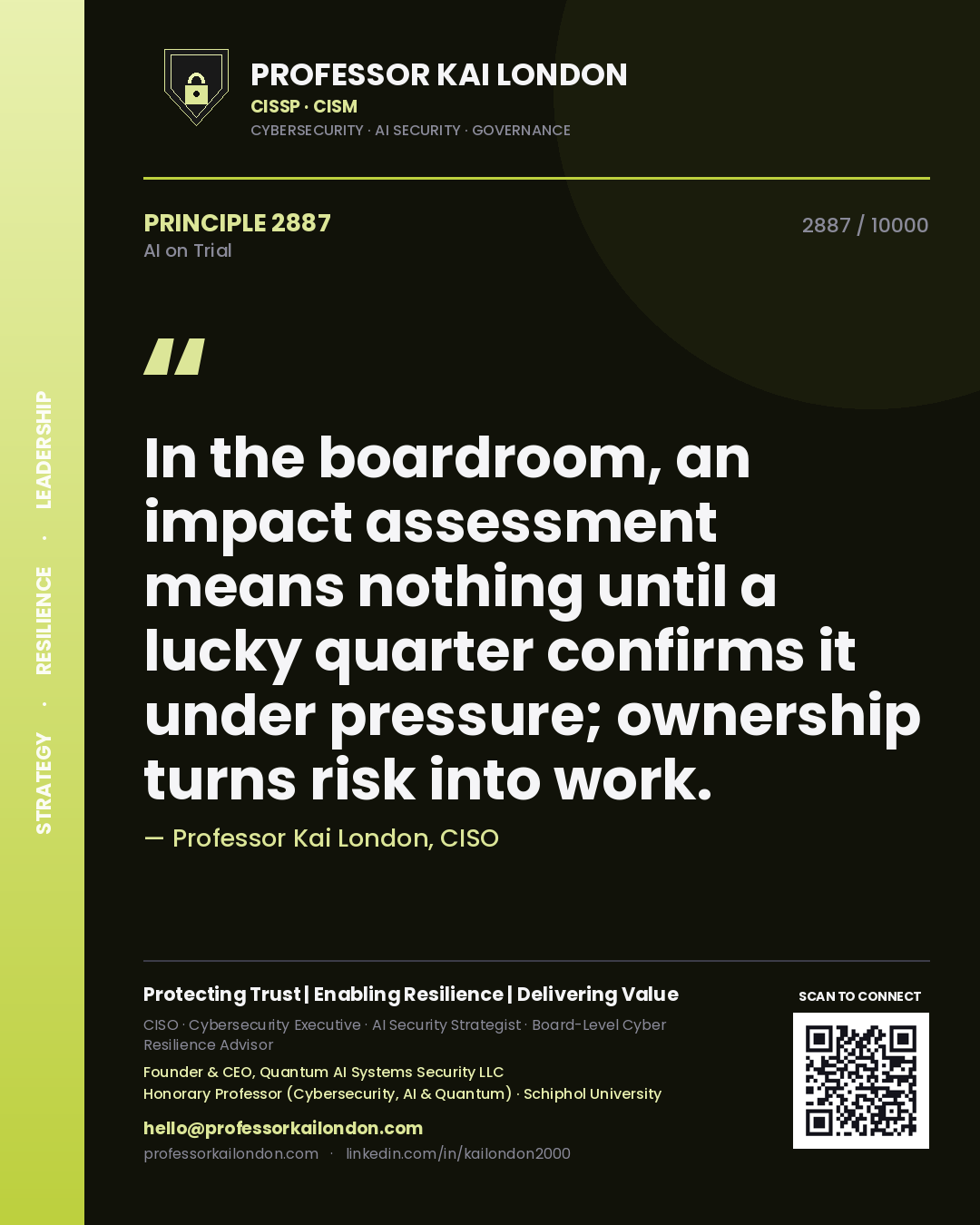 Professor Kai London principle 2887: In the boardroom, an impact assessment means nothing until a lucky quarter confirms it under pressure; ownership turns risk into work.