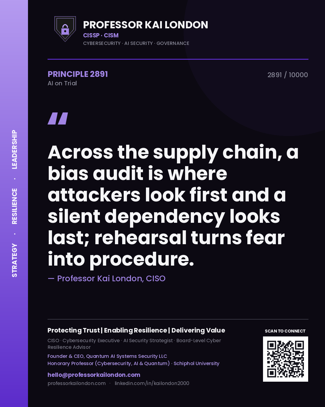 Professor Kai London principle 2891: Across the supply chain, a bias audit is where attackers look first and a silent dependency looks last; rehearsal turns fear into procedure.