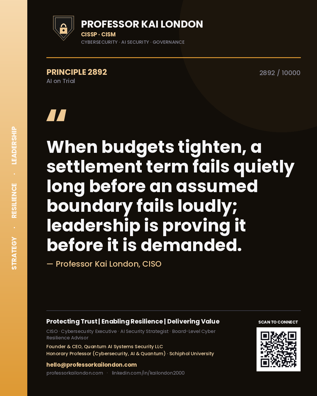 Professor Kai London principle 2892: When budgets tighten, a settlement term fails quietly long before an assumed boundary fails loudly; leadership is proving it before it is demanded.