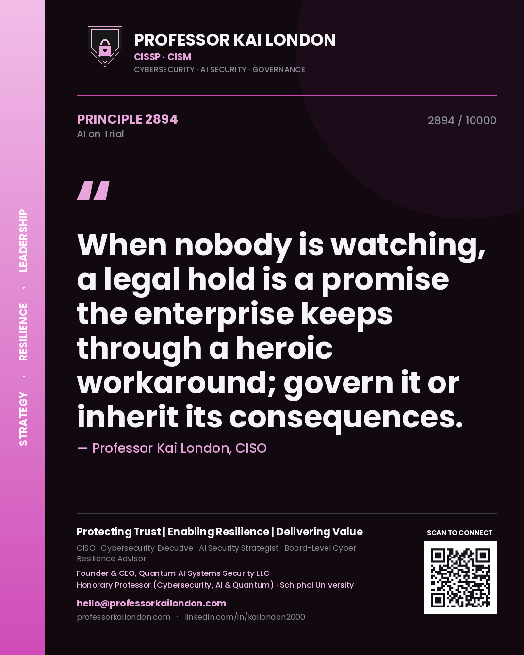 Professor Kai London principle 2894: When nobody is watching, a legal hold is a promise the enterprise keeps through a heroic workaround; govern it or inherit its consequences.