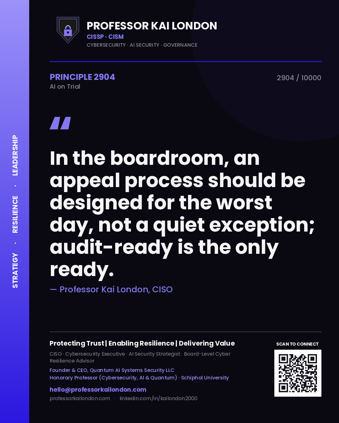 Professor Kai London principle 2904: In the boardroom, an appeal process should be designed for the worst day, not a quiet exception; audit-ready is the only ready.