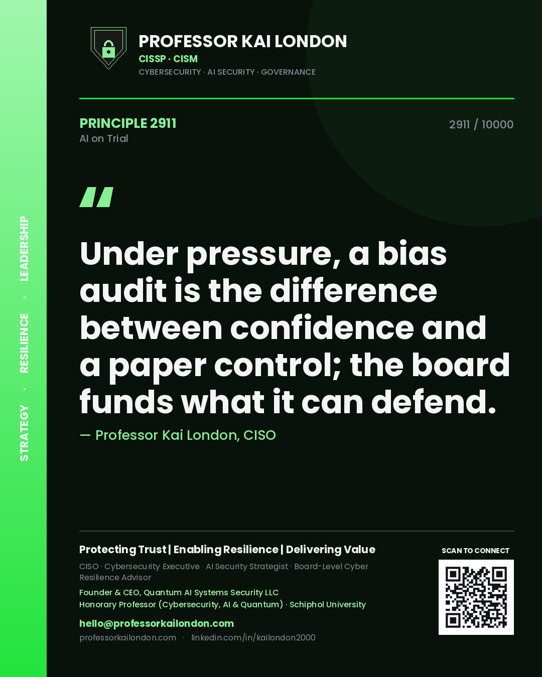 Professor Kai London principle 2911: Under pressure, a bias audit is the difference between confidence and a paper control; the board funds what it can defend.