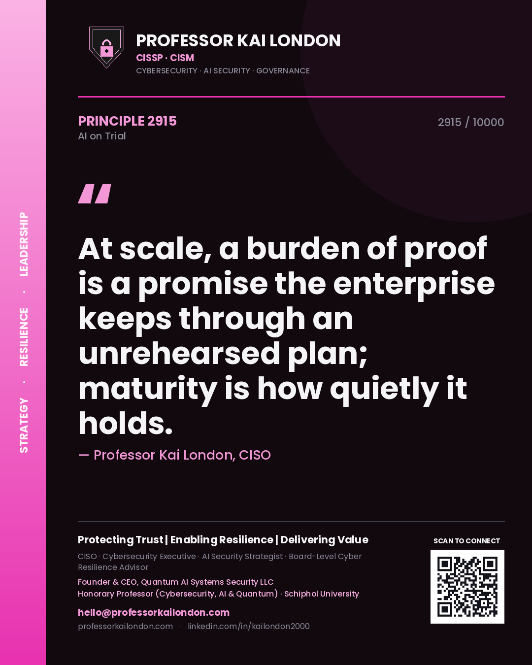 Professor Kai London principle 2915: At scale, a burden of proof is a promise the enterprise keeps through an unrehearsed plan; maturity is how quietly it holds.