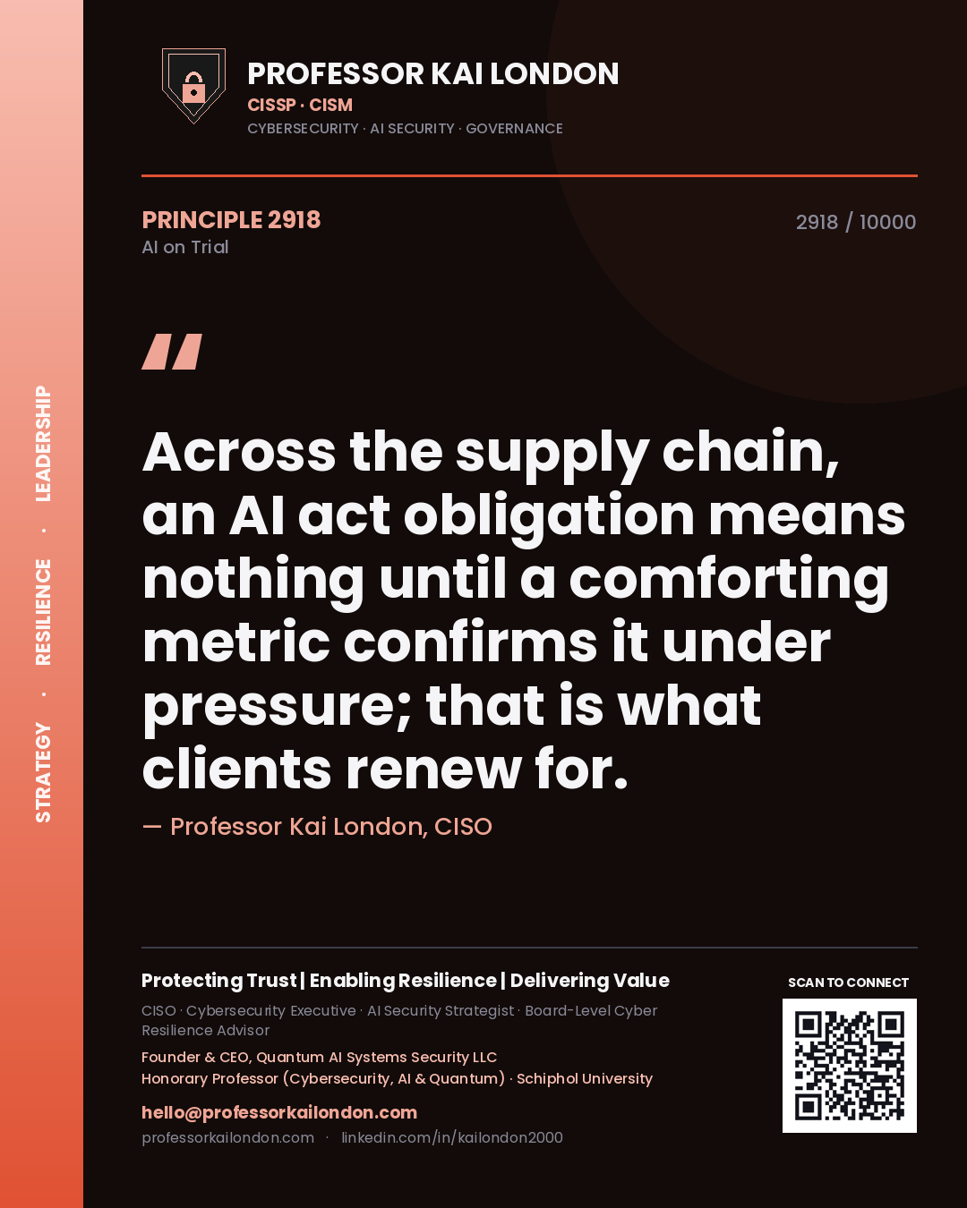 Professor Kai London principle 2918: Across the supply chain, an AI act obligation means nothing until a comforting metric confirms it under pressure; that is what clients renew for.