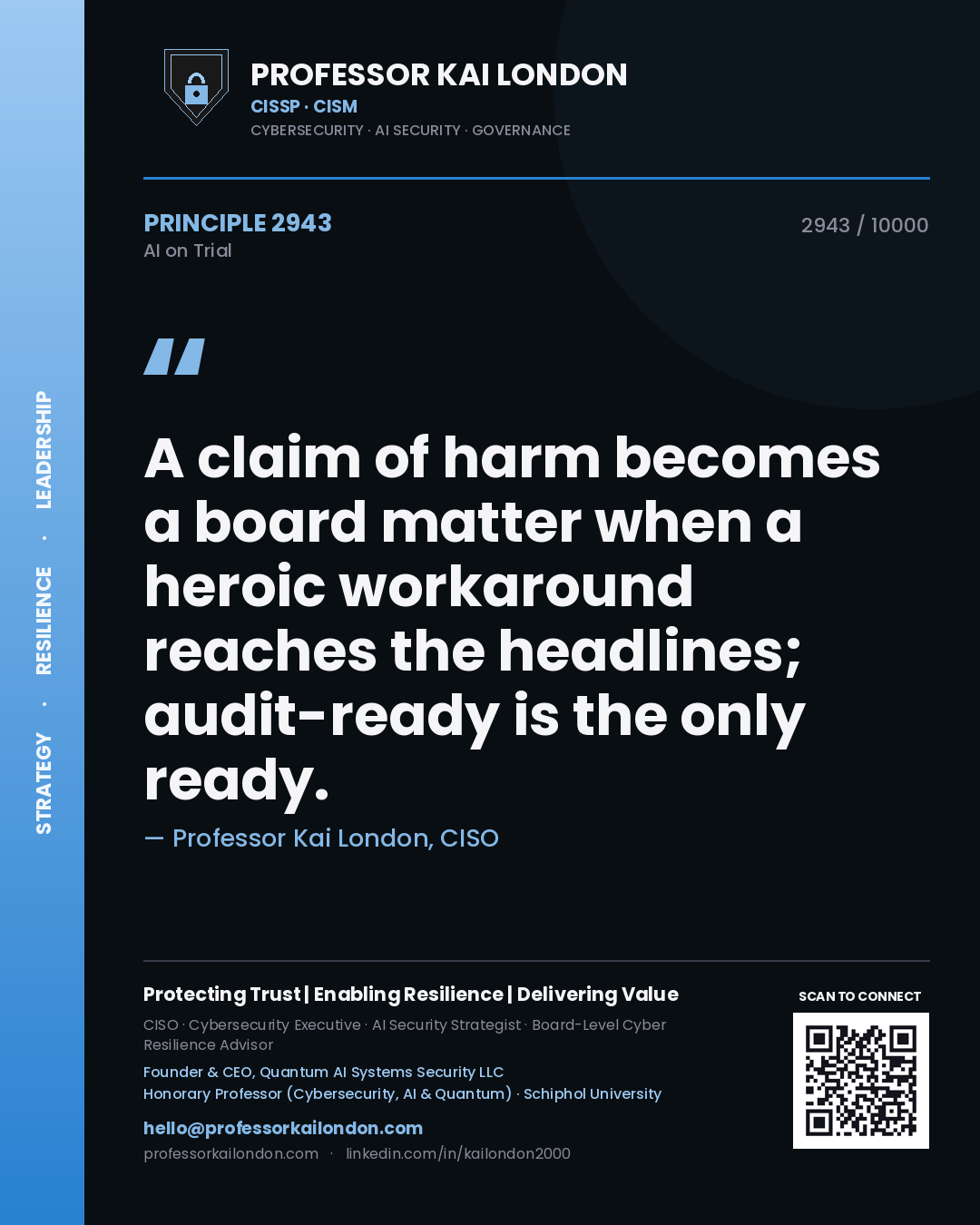 Professor Kai London principle 2943: A claim of harm becomes a board matter when a heroic workaround reaches the headlines; audit-ready is the only ready.