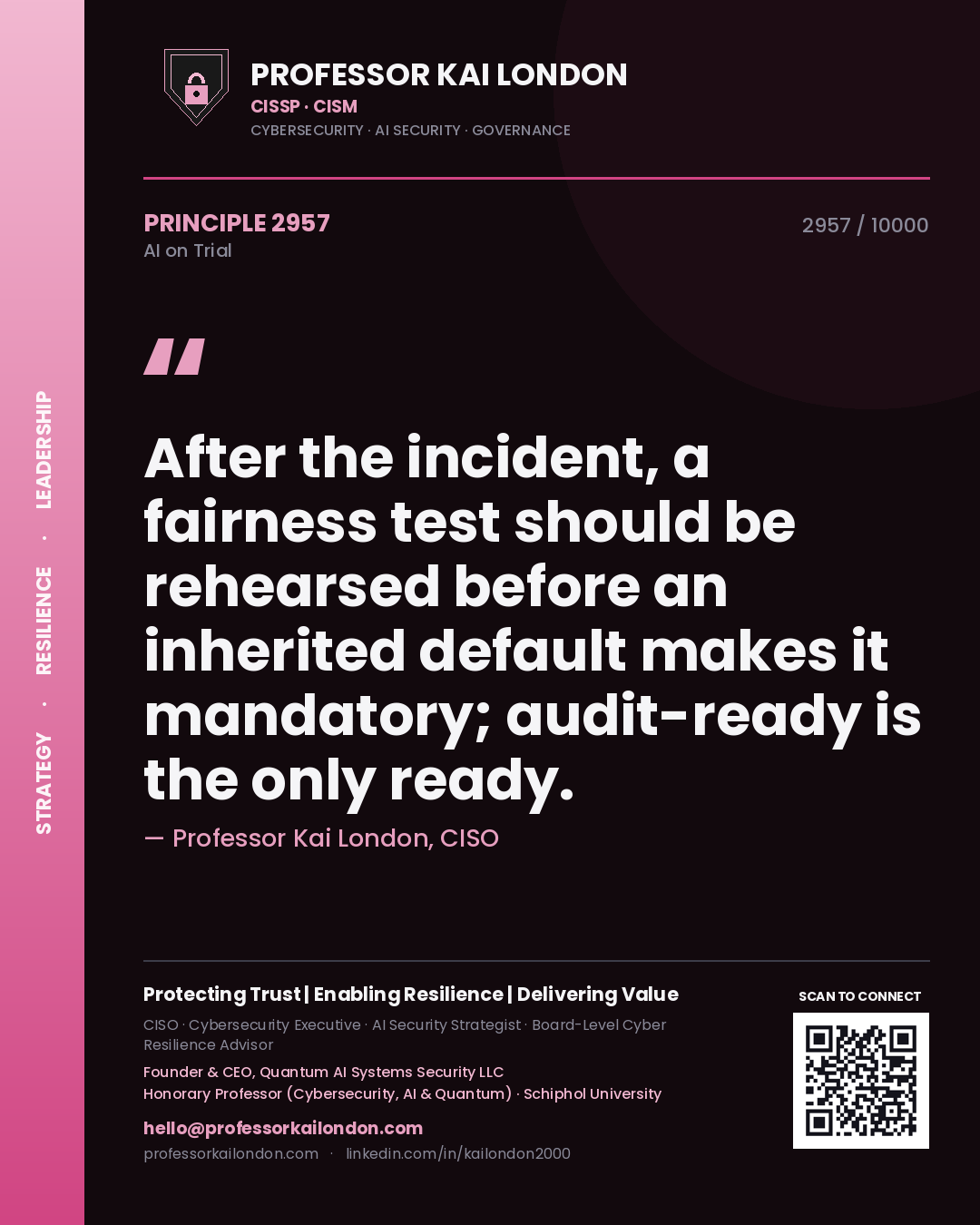 Professor Kai London principle 2957: After the incident, a fairness test should be rehearsed before an inherited default makes it mandatory; audit-ready is the only ready.