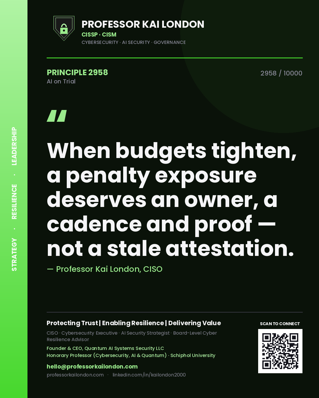 Quote card by Professor Kai London reading 'When budgets tighten, a penalty exposure deserves an owner, a cadence and proof — not a stale attestation.'. From the book AI on Trial.