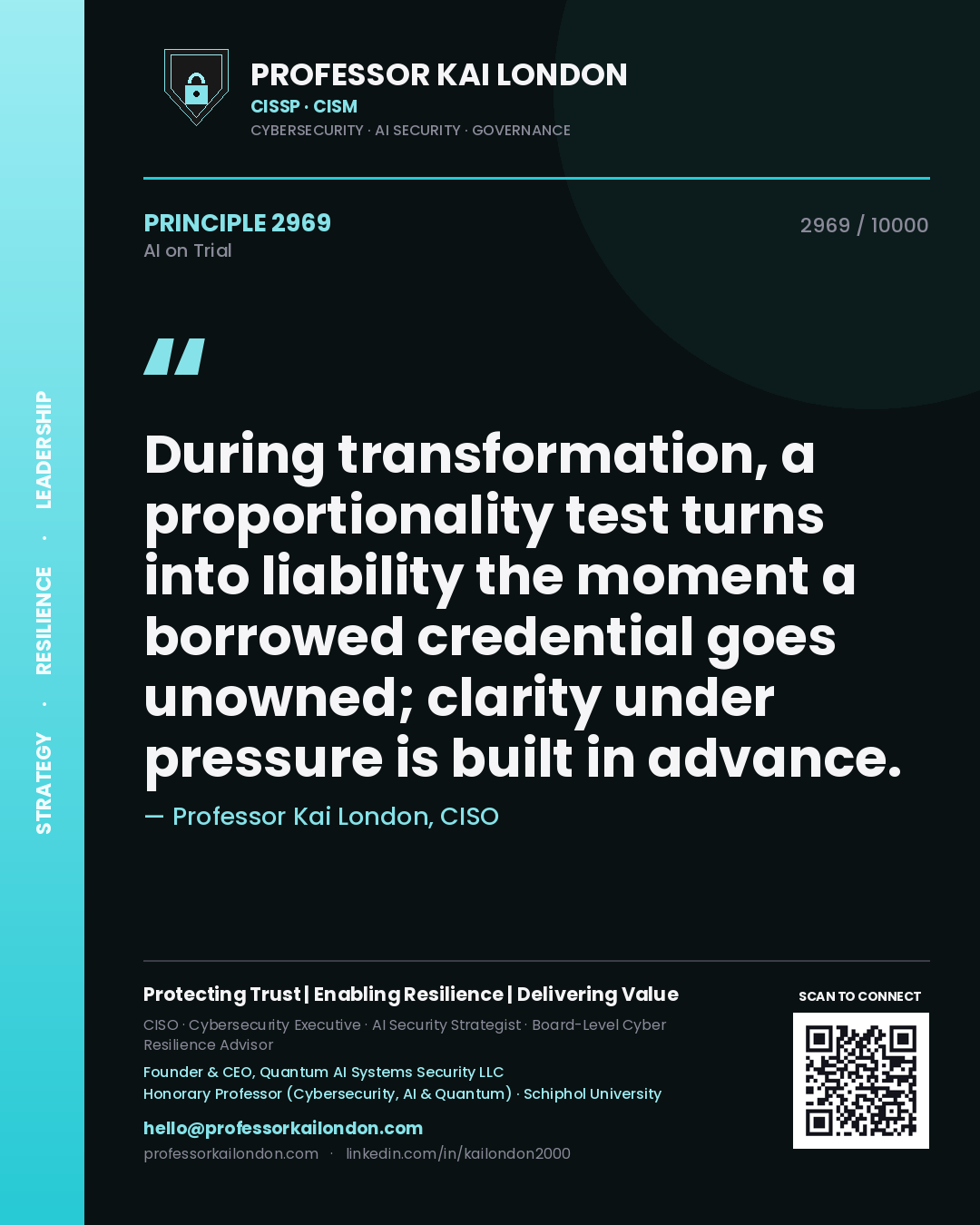 Professor Kai London principle 2969: During transformation, a proportionality test turns into liability the moment a borrowed credential goes unowned; clarity under pressure is built in advance.