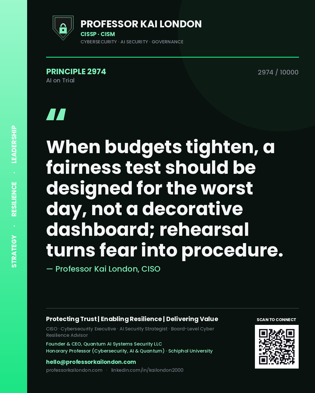 Quote card by Professor Kai London reading 'When budgets tighten, a fairness test should be designed for the worst day, not a decorative dashboard; rehearsal turns fear into procedure.'. From the book AI on Trial.
