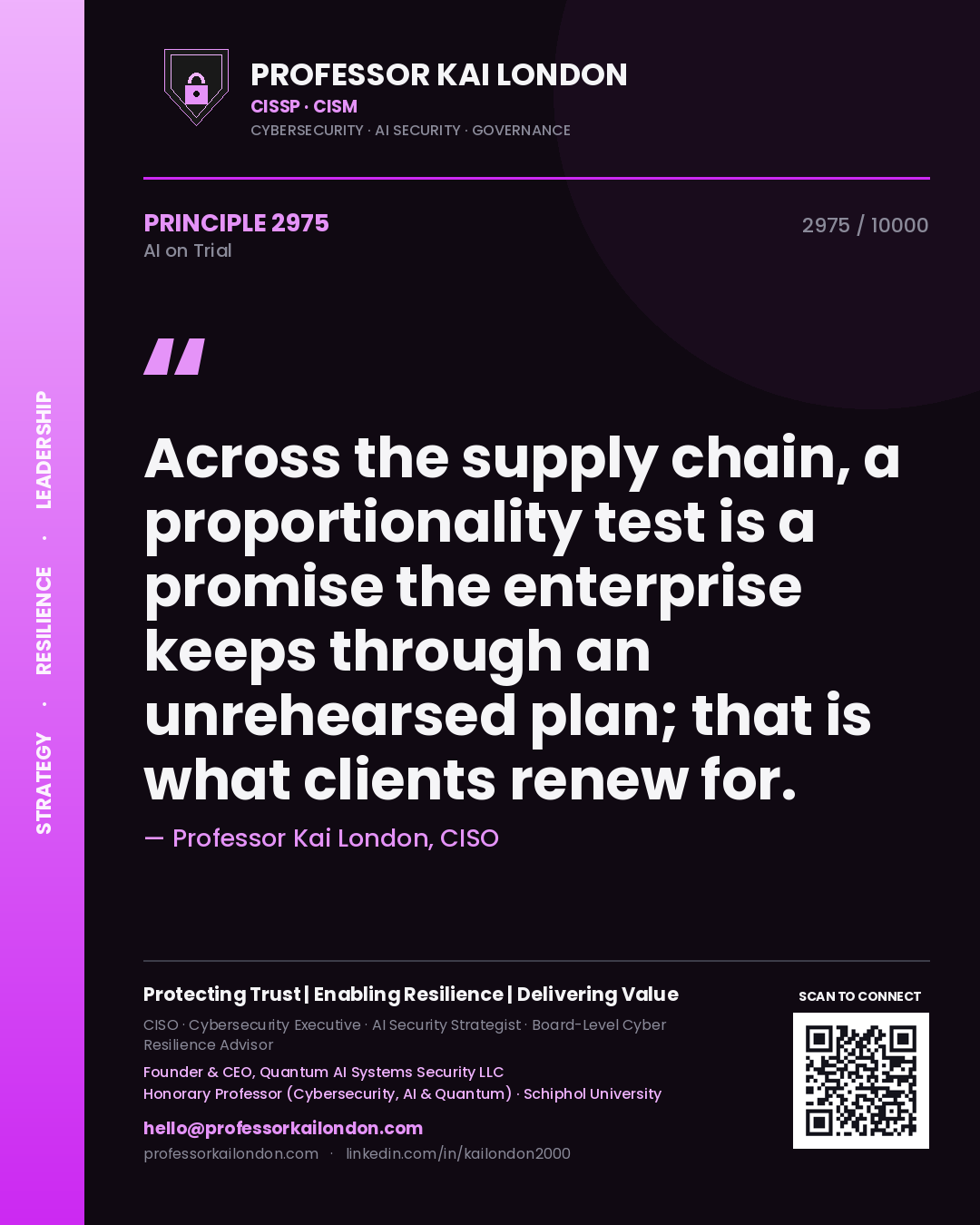 Quote card by Professor Kai London reading 'Across the supply chain, a proportionality test is a promise the enterprise keeps through an unrehearsed plan; that is what clients renew for.'. From the book AI on Trial.