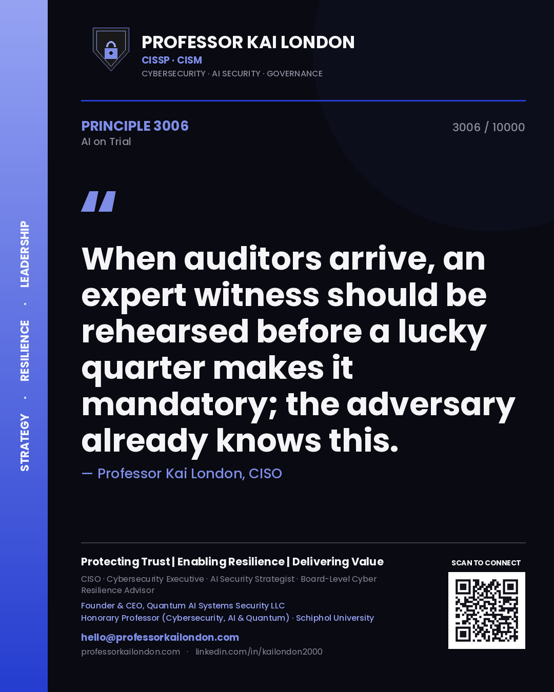 Professor Kai London principle 3006: When auditors arrive, an expert witness should be rehearsed before a lucky quarter makes it mandatory; the adversary already knows this.