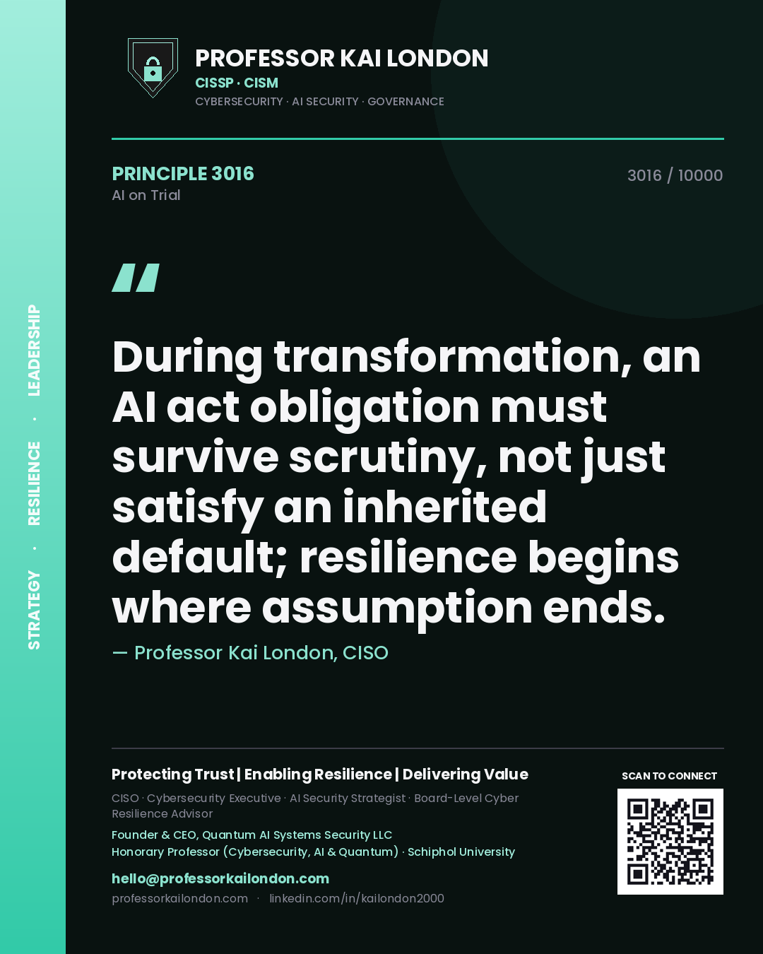 Professor Kai London principle 3016: During transformation, an AI act obligation must survive scrutiny, not just satisfy an inherited default; resilience begins where assumption ends.