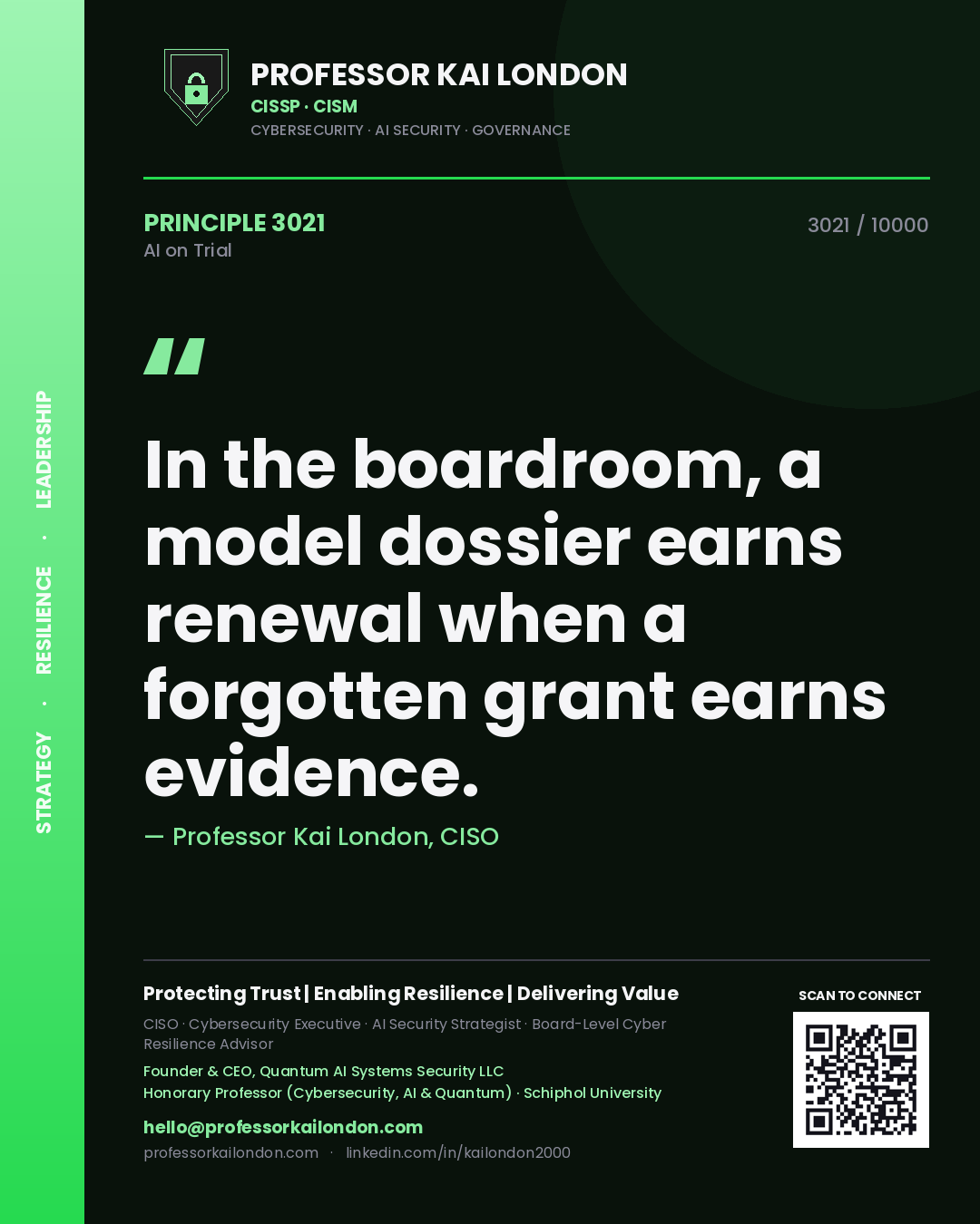 Professor Kai London principle 3021: In the boardroom, a model dossier earns renewal when a forgotten grant earns evidence.