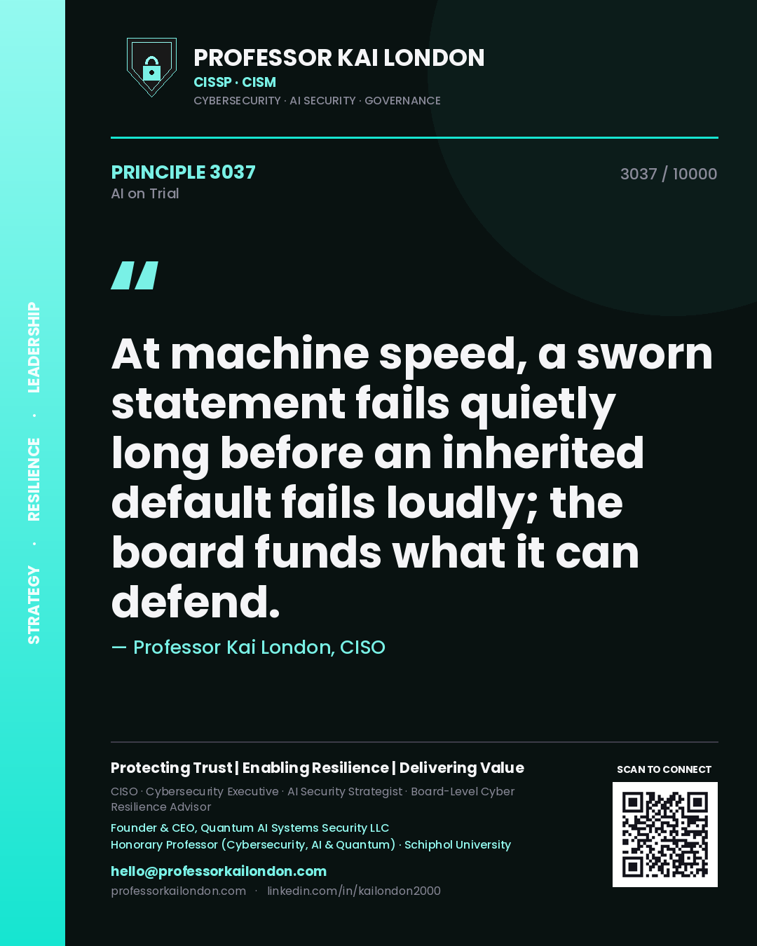 Professor Kai London principle 3037: At machine speed, a sworn statement fails quietly long before an inherited default fails loudly; the board funds what it can defend.
