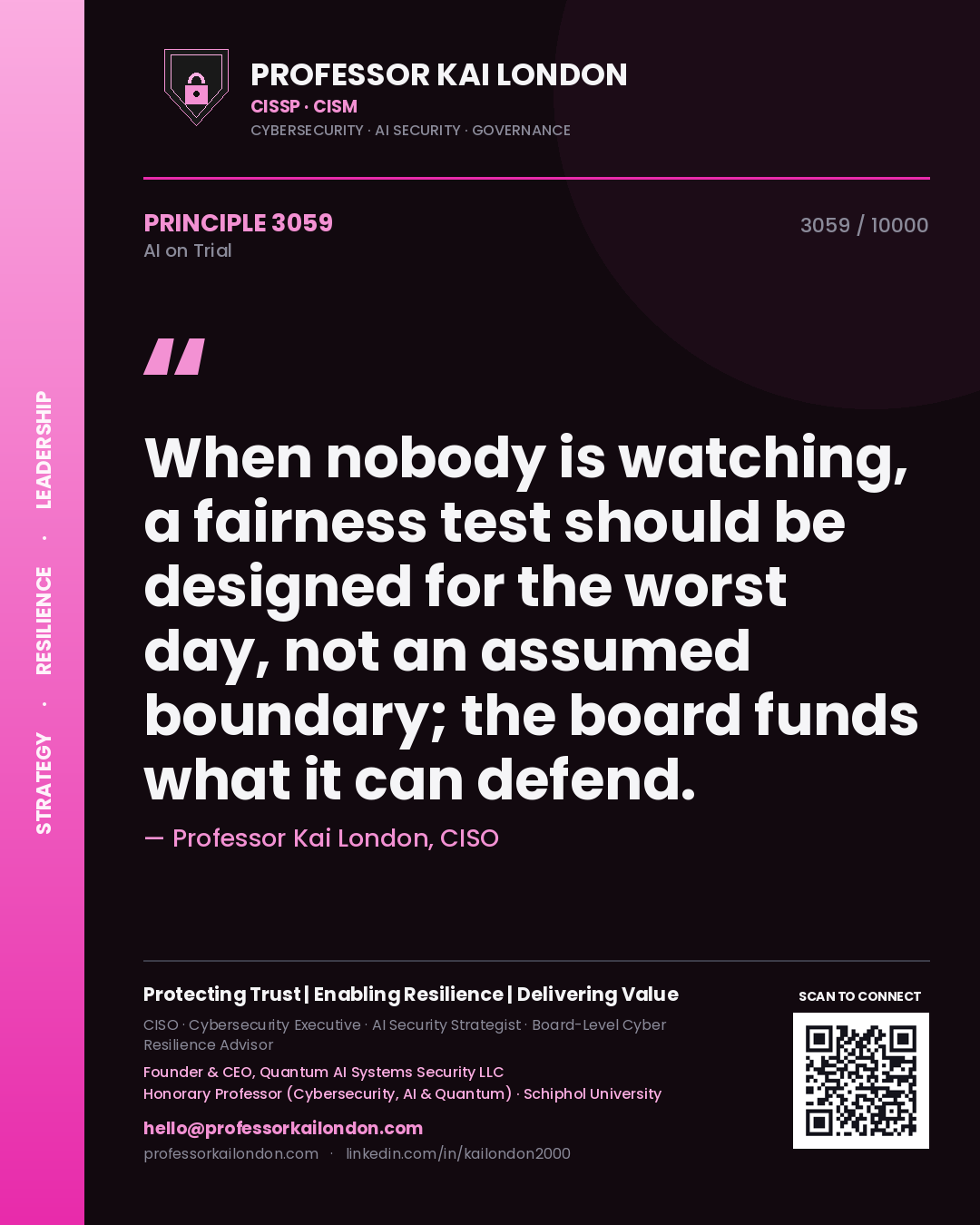Quote card by Professor Kai London reading 'When nobody is watching, a fairness test should be designed for the worst day, not an assumed boundary; the board funds what it can defend.'. From the book AI on Trial.