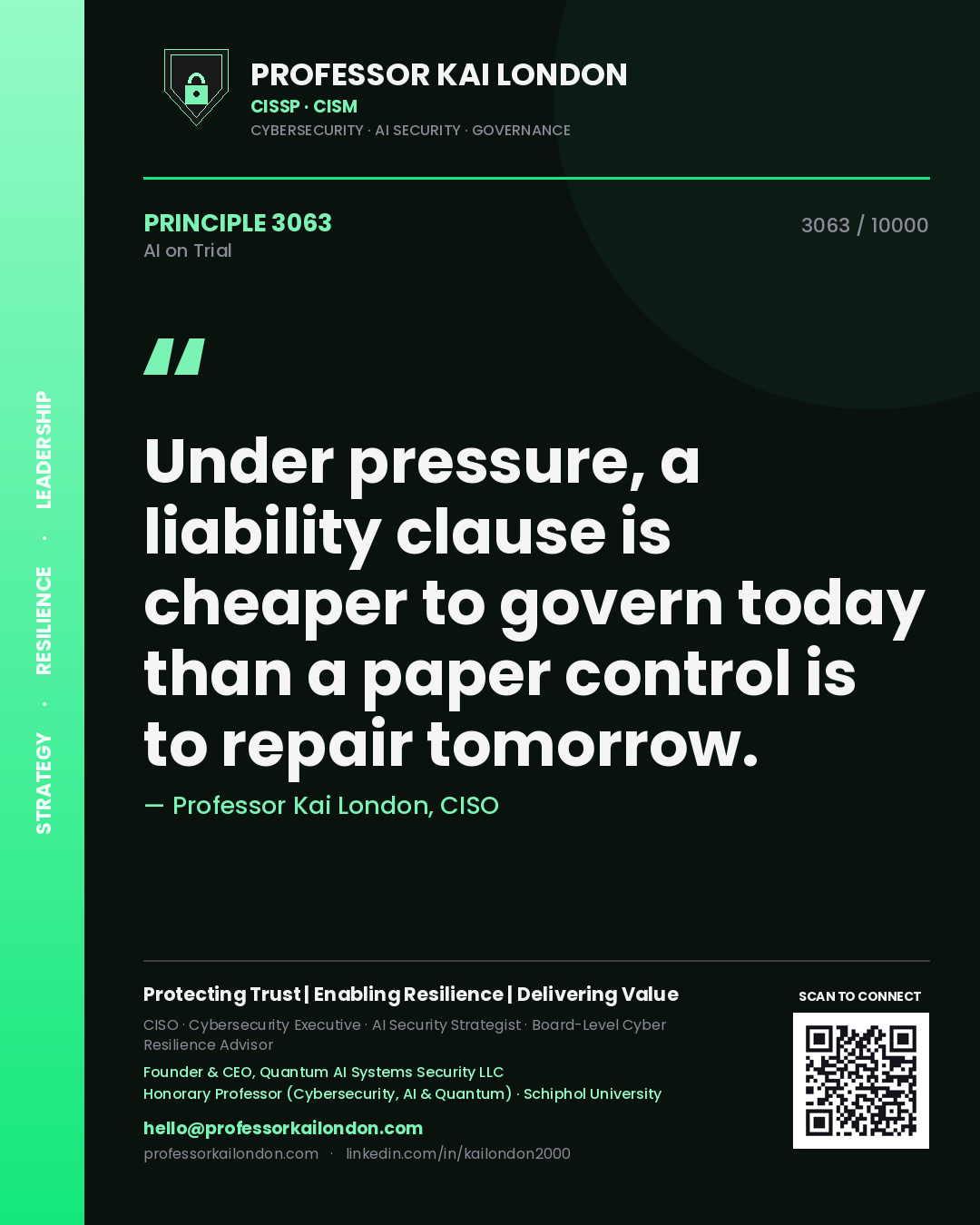 Professor Kai London principle 3063: Under pressure, a liability clause is cheaper to govern today than a paper control is to repair tomorrow.
