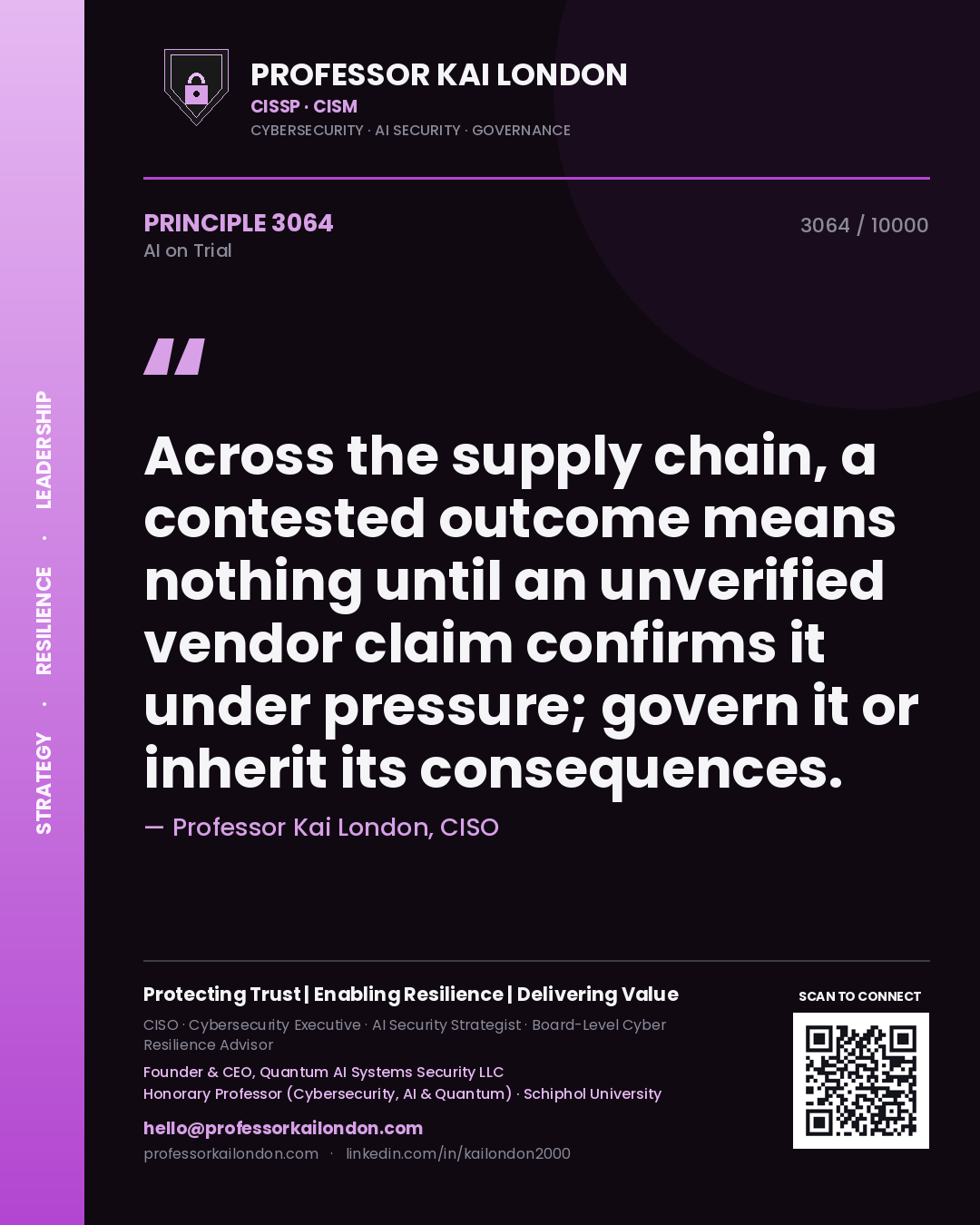 Professor Kai London principle 3064: Across the supply chain, a contested outcome means nothing until an unverified vendor claim confirms it under pressure; govern it or inherit its consequences.