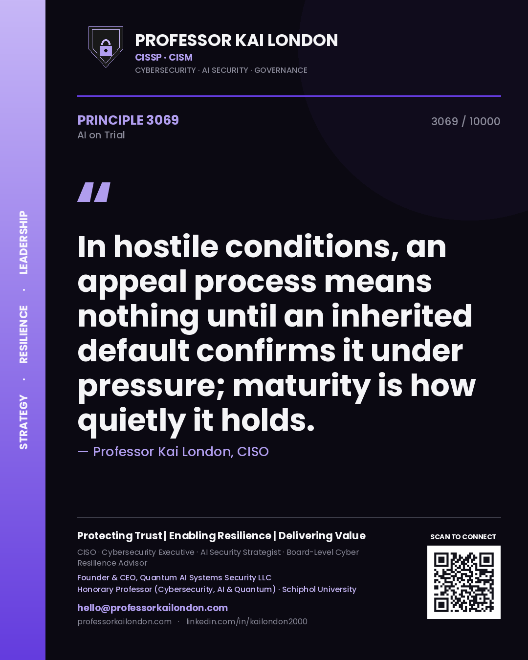 Quote card by Professor Kai London reading 'In hostile conditions, an appeal process means nothing until an inherited default confirms it under pressure; maturity is how quietly it holds.'. From the book AI on Trial.