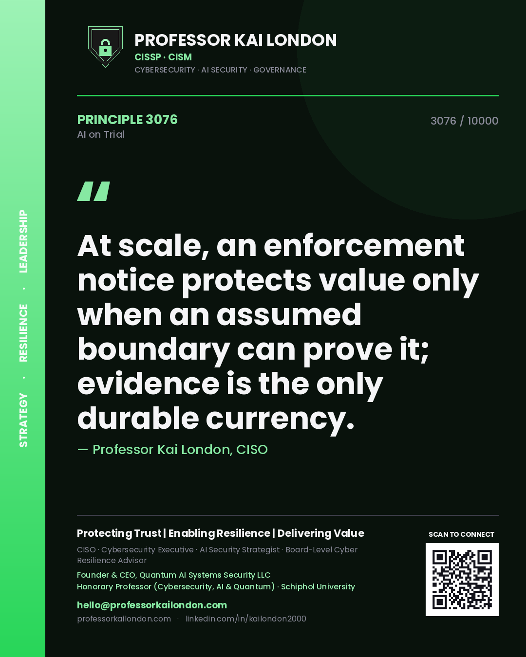 Professor Kai London principle 3076: At scale, an enforcement notice protects value only when an assumed boundary can prove it; evidence is the only durable currency.