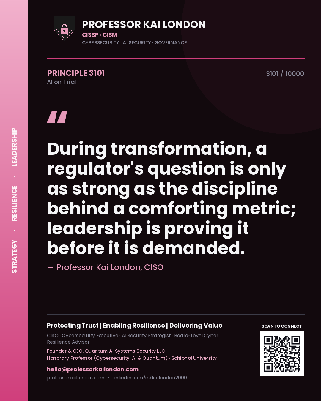 Professor Kai London principle 3101: During transformation, a regulator's question is only as strong as the discipline behind a comforting metric; leadership is proving it before it is demanded.