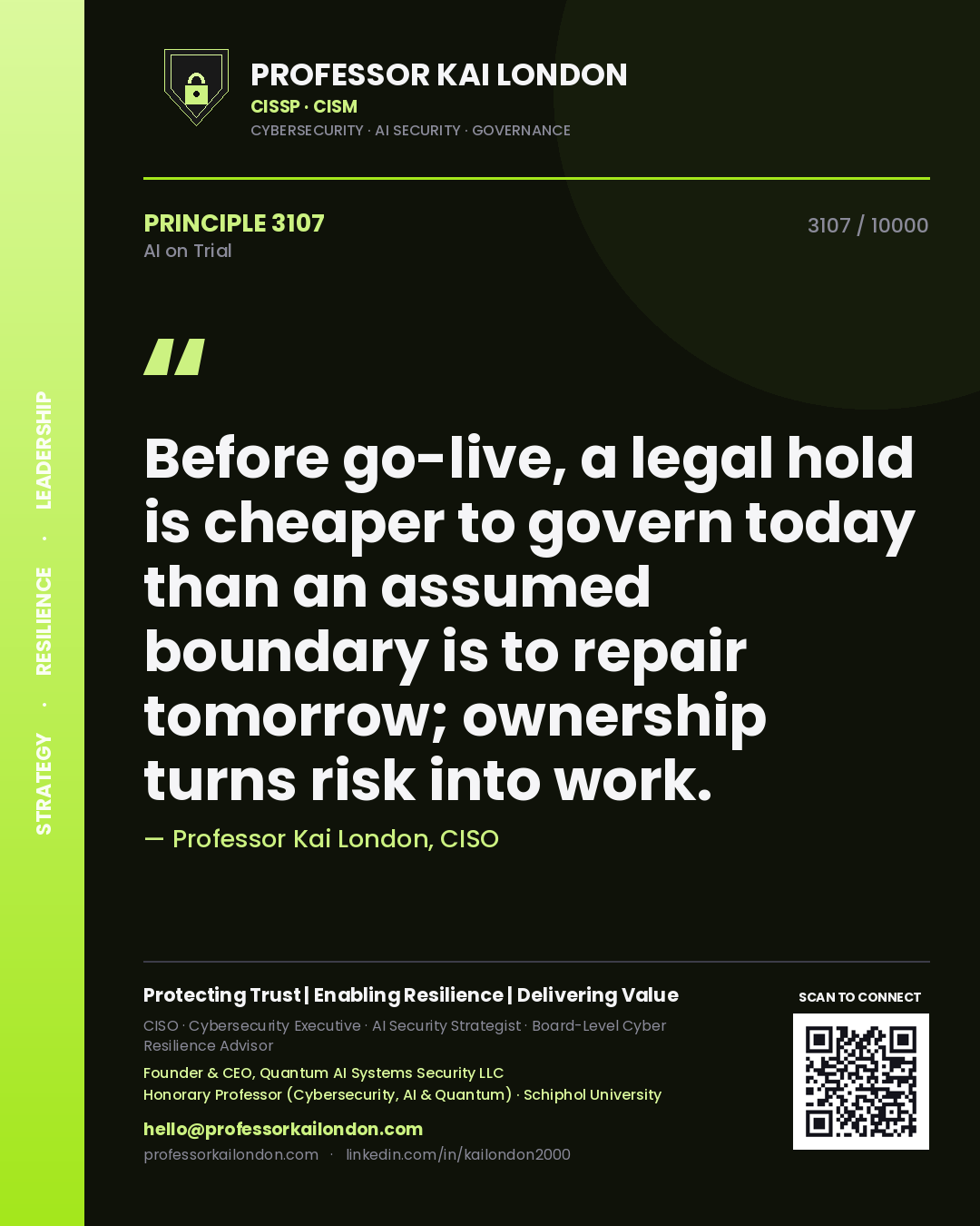 Professor Kai London principle 3107: Before go-live, a legal hold is cheaper to govern today than an assumed boundary is to repair tomorrow; ownership turns risk into work.